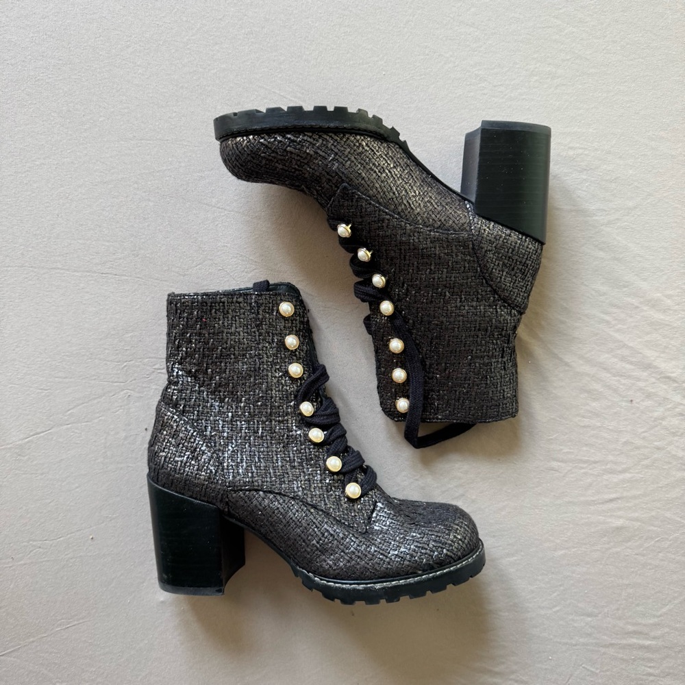 Stuart Weitzman Ivey Tweed High Block Heel Combat Boots